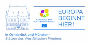 Zeichnung eines Rathauses mit Schriftzug "Europa beginnt hier - In Osnabrück und Münster - Stätten des Westfälischen Friedens"